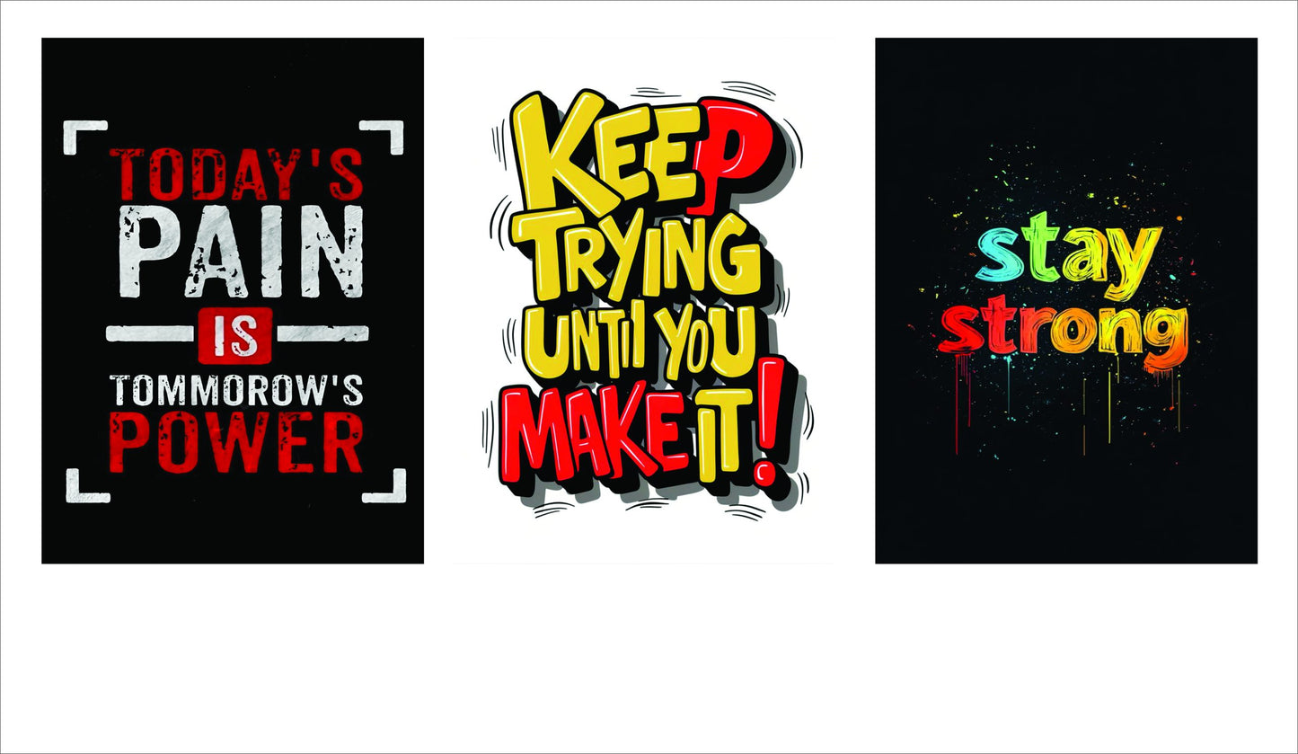 set of 3 Motivational sticky canvas frames for wall decore / sticky