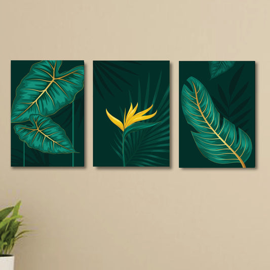 Set of 3 GREEN Flowers Wall Art Wooden Frames for Home Decoration