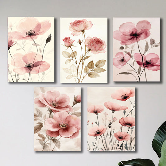 set of 5 pink flowers floral wall art wooden sticky frames for