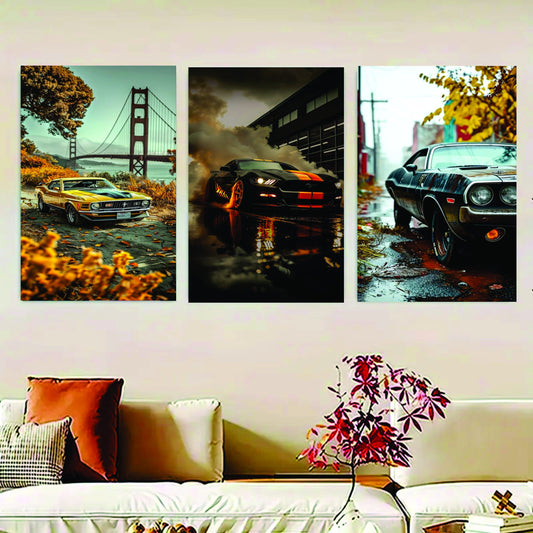 Set Of 3 Luxary Cars Sticky Canvas Frames For Wall Decore /