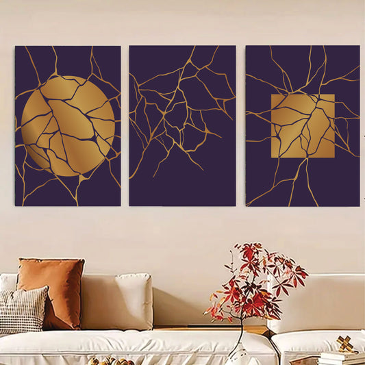 Set Of 3, Abstract golden moon Wall Art Photo Canvas Wooden Tile