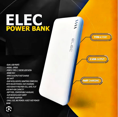 ELEC 10,000mAh Fast Charging Power Bank White | Dual Type-A &amp;