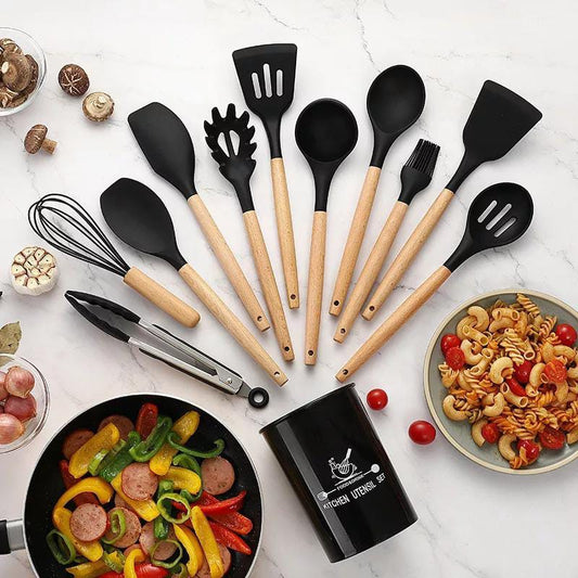 12 pcs set Wooden Handle Silicone Kitchen Utensils With Storage Bucket High