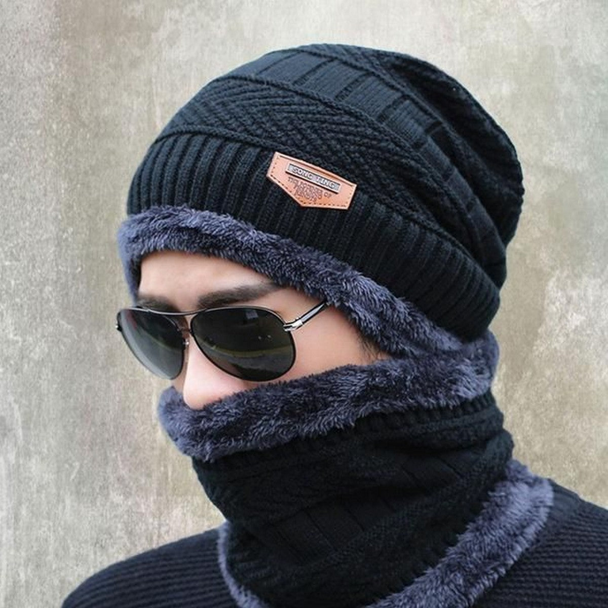 Winter Cap and neck Elastic Knitting Thick Fleece Warm Woolen Beanie Cap