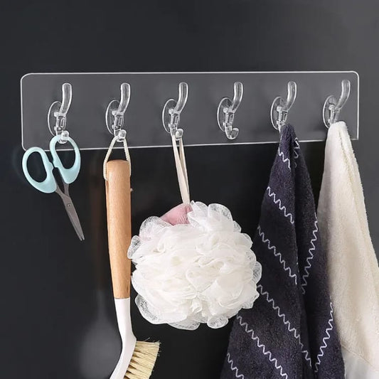 6 Row Transparent Wall Hooks Self Adhesive Clothes Coat Door Hanger Towel