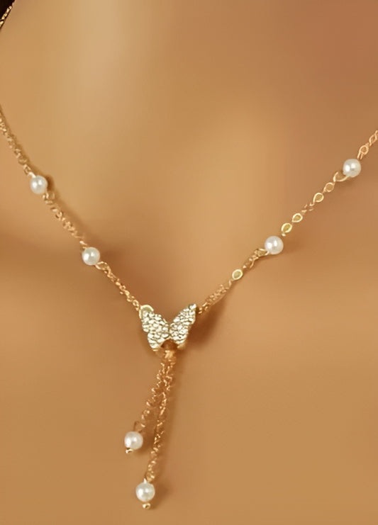 Gold Butterfly Pearl Choker Necklace for Women Girls Butterfly Pendent Necklace Pearl