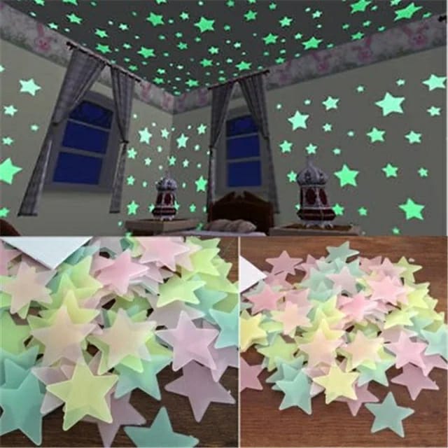 Pack of 100 - Multicolor 3D Glowing Star Night Dark Room