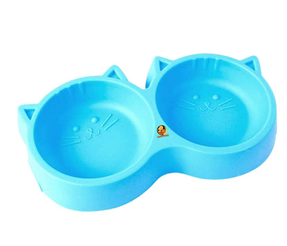 Cat Shaped Double food bowl Pet Plastic food bowl (Random Color)