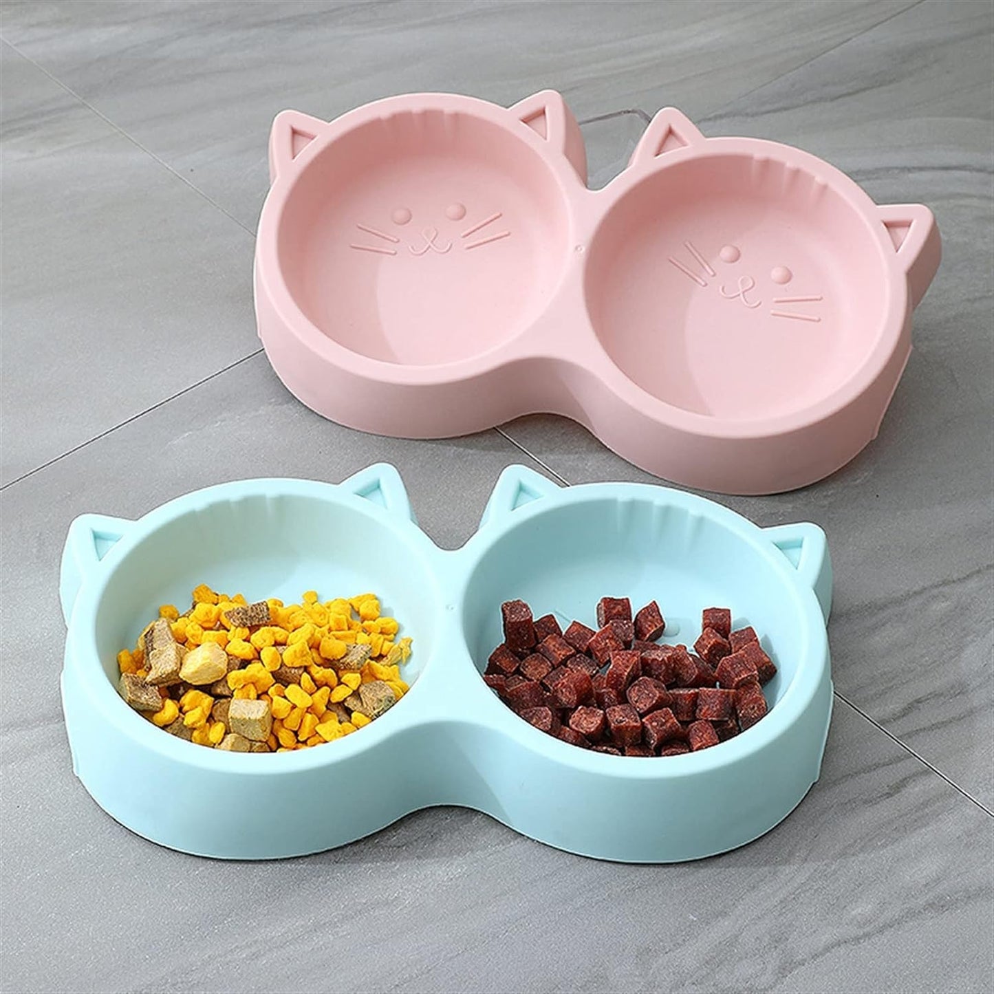 Cat Shaped Double food bowl Pet Plastic food bowl (Random Color)
