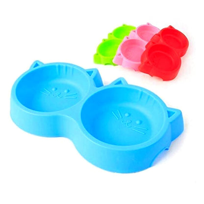 Cat Shaped Double food bowl Pet Plastic food bowl (Random Color)