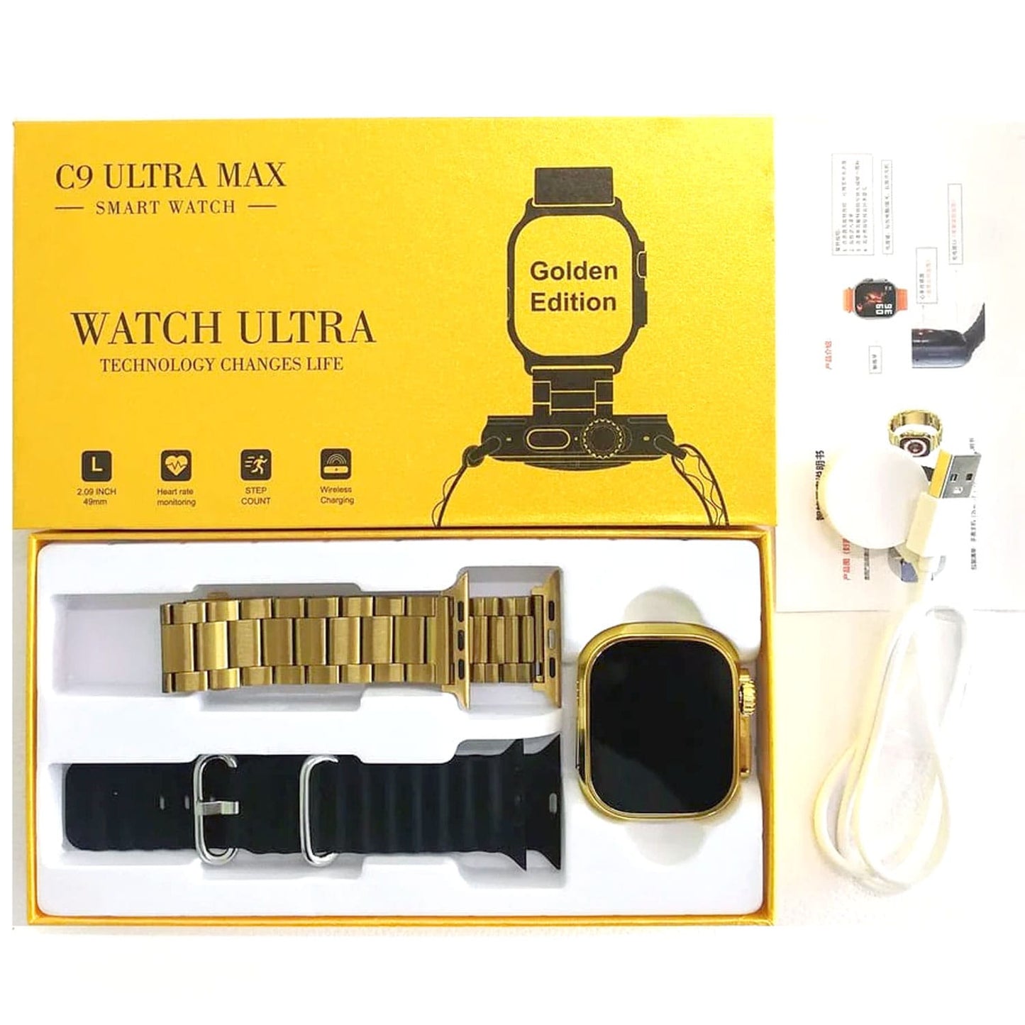 C9 Ultra Max Gold Edition Color Smartwatch 2.1 Inch Screen With Hryfine