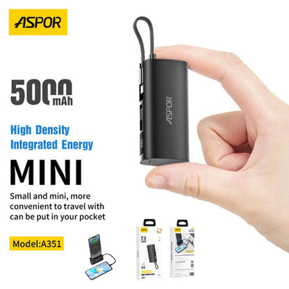 Aspor A351 2in1 Iphone &amp; Type-C Flexible Portable Mini 5000mah Power Bank
