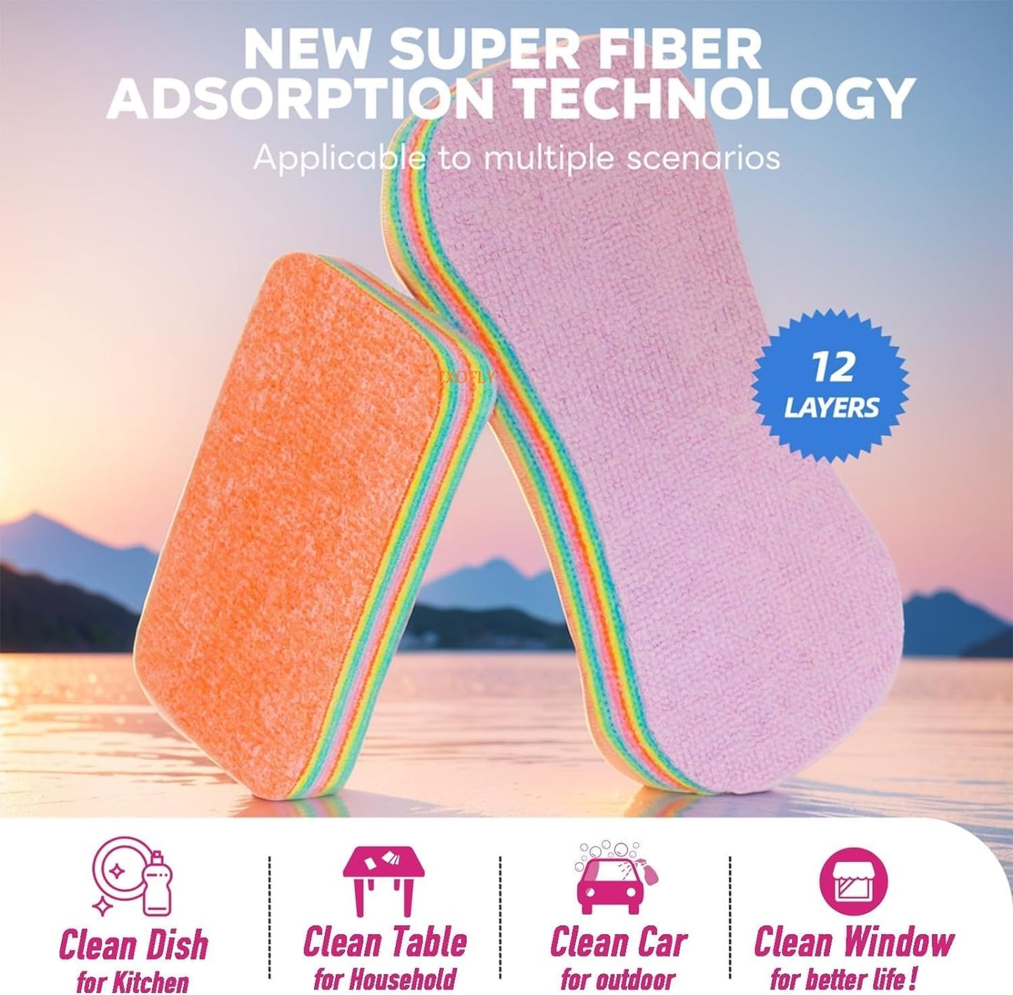 12-Layer Tearable Rainbow Rag, Reusable Dual Sided Dish Sponge, Rainbow Scrub Sponge,