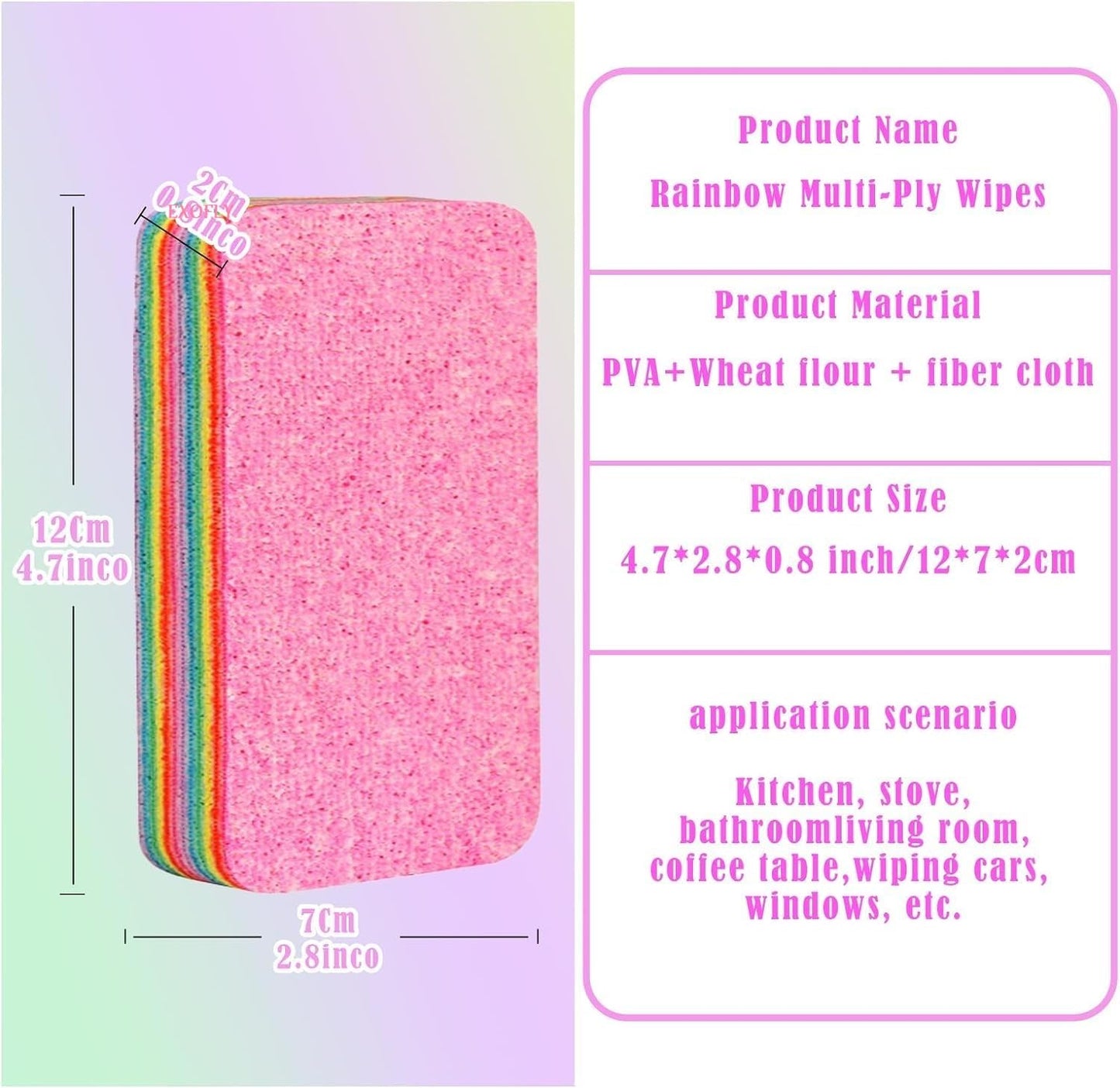 12-Layer Tearable Rainbow Rag, Reusable Dual Sided Dish Sponge, Rainbow Scrub Sponge,