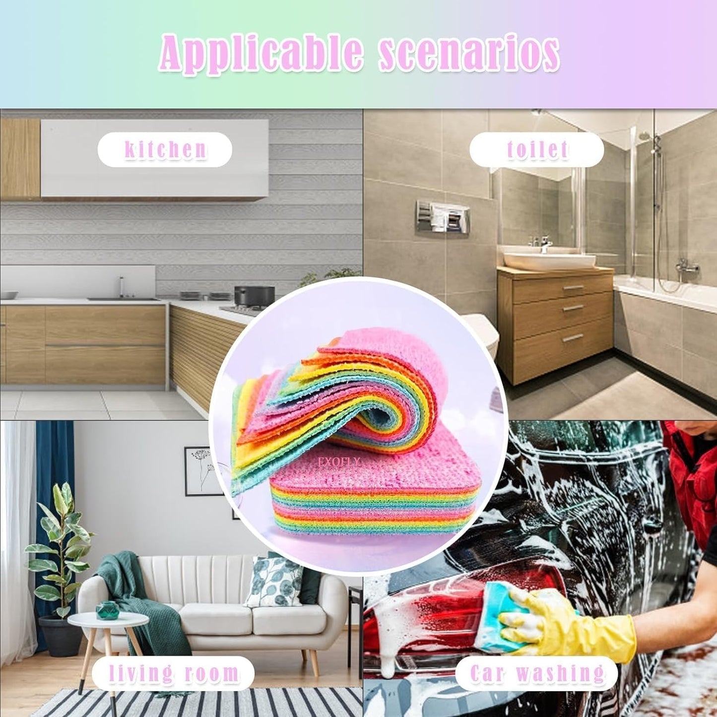 12-Layer Tearable Rainbow Rag, Reusable Dual Sided Dish Sponge, Rainbow Scrub Sponge,