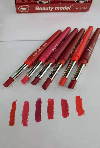 2-in-1 Lipstick &amp; Lip Liner Pack 6 Vibrant Colors, Waterproof &amp;