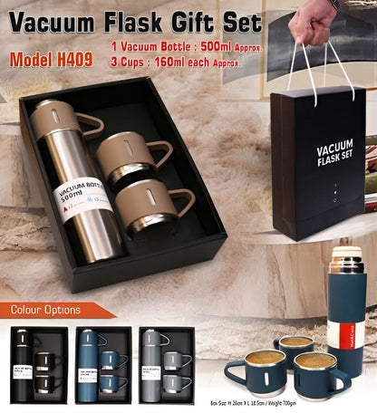 STAINLESS STEEL VACUUM FLASK SET - 500ML WITH 3 CUPS (Gift Box