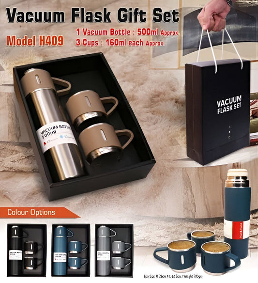 STAINLESS STEEL VACUUM FLASK SET - 500ML WITH 3 CUPS (Gift Box