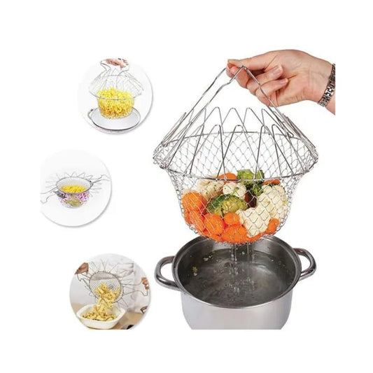 STAINLESS STEEL MULTI-FUNCTIONAL FOLDABLE COOKING Chef Basket Deluxe Kitchen Colander, MESH STEAM