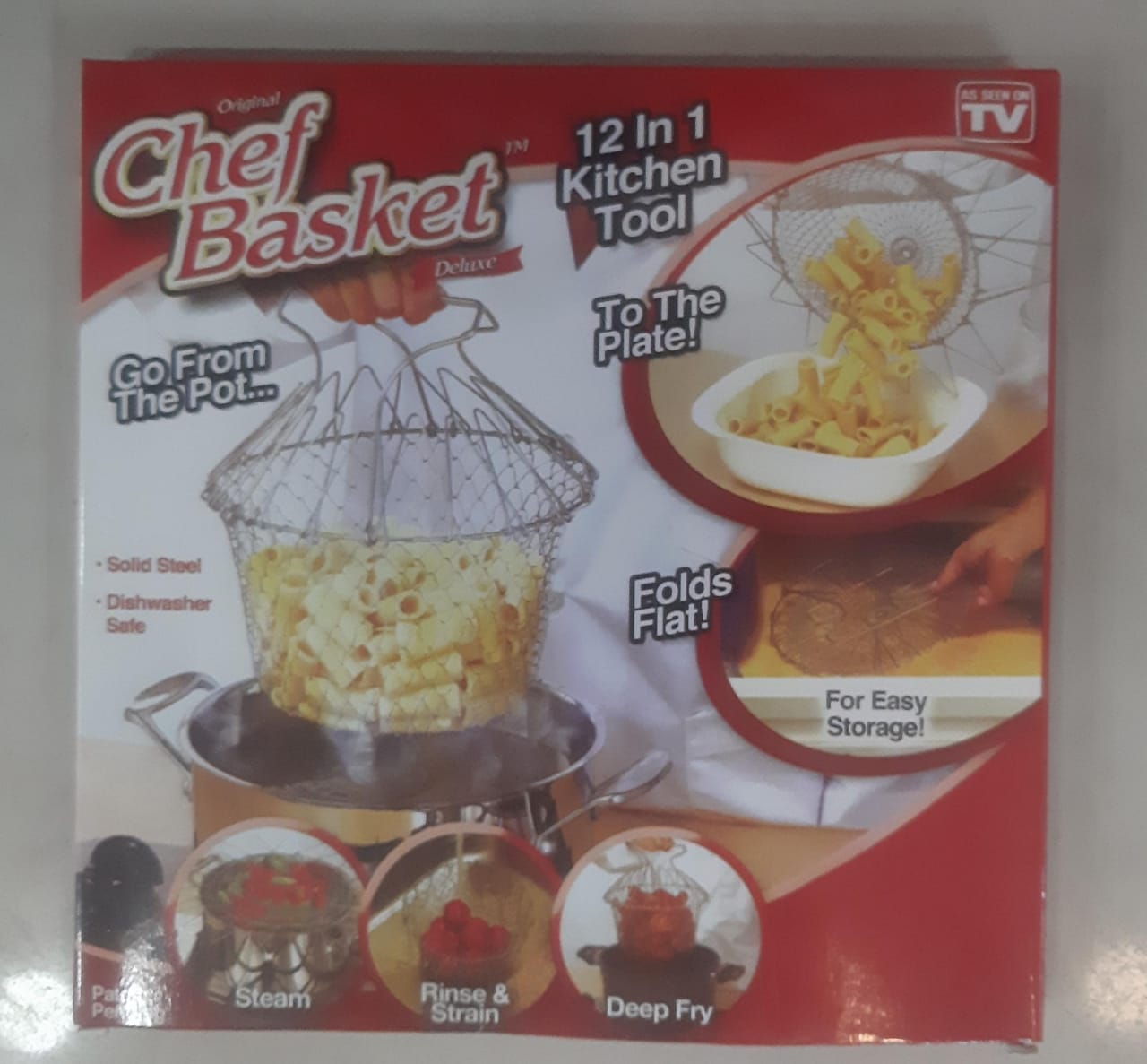 STAINLESS STEEL MULTI-FUNCTIONAL FOLDABLE COOKING Chef Basket Deluxe Kitchen Colander, MESH STEAM