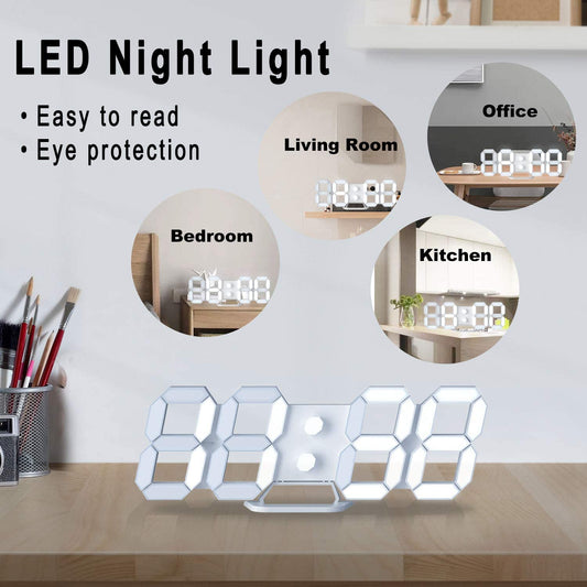 White 3D Led Digital Clock, Desk Alarm Clock | Home Decoration Wall