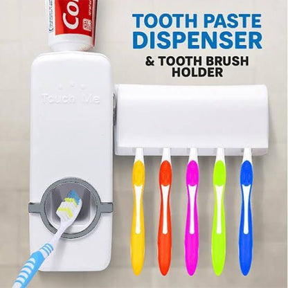 Tooth Paste Dispenser With 5 Brush Holder Wall Mounted Automatic Hands Free
