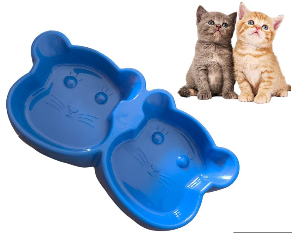 Cat Shaped Double food bowl Pet Plastic food bowl (Random Color)