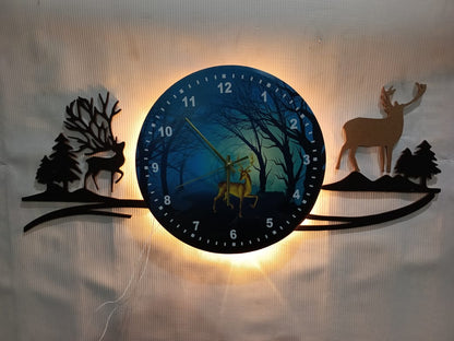 forest figure Deer 3d wood Wall clock blue jungle with light