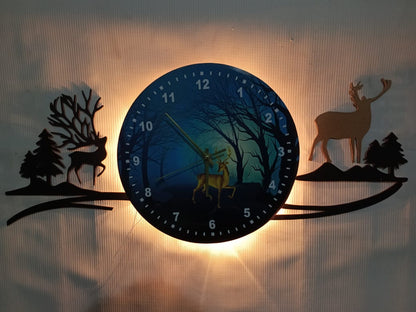 forest figure Deer 3d wood Wall clock blue jungle with light