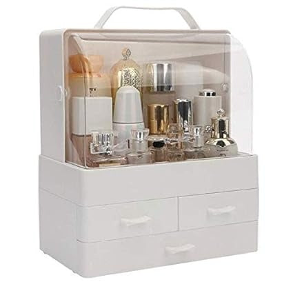 Makeup Organizer Modern Cosmetic White Storage Box | Portable Handle Fully Open