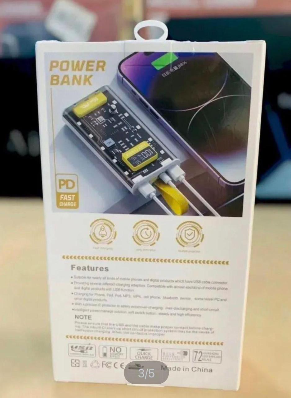 20000mAh PD Power Bank with a transparent body and side LEDs