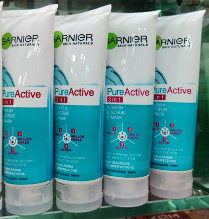3 in 1 Garnier Skin Natural Pure Active Wash + Scrub +