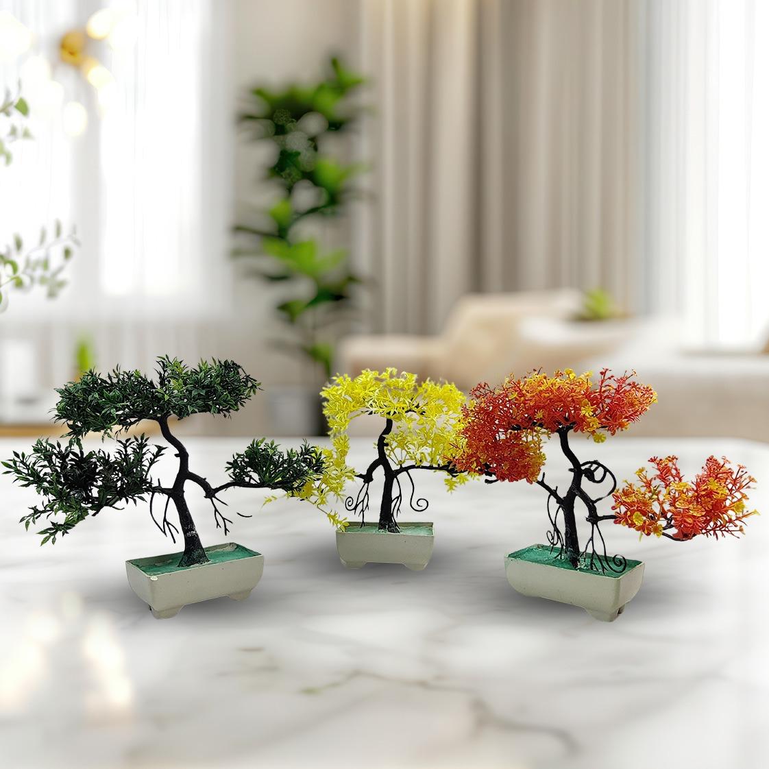 Pack Of 3 Bonsai Trees, ( Green, Yellow, Orange ) Room Decor