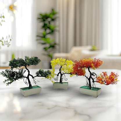 Pack Of 3 Bonsai Trees, ( Green, Yellow, Orange ) Room Decor