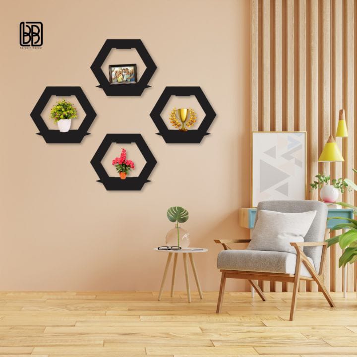 (3 pcs set ) Hexagon Shape 3D Wooden Wall Shelf | Wall