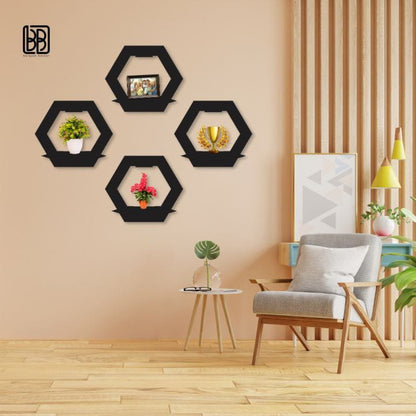 (3 pcs set ) Hexagon Shape 3D Wooden Wall Shelf | Wall