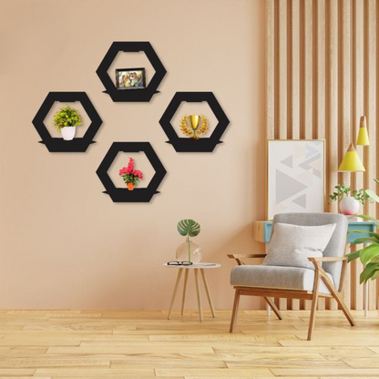 (3 pcs set ) Hexagon Shape 3D Wooden Wall Shelf | Wall