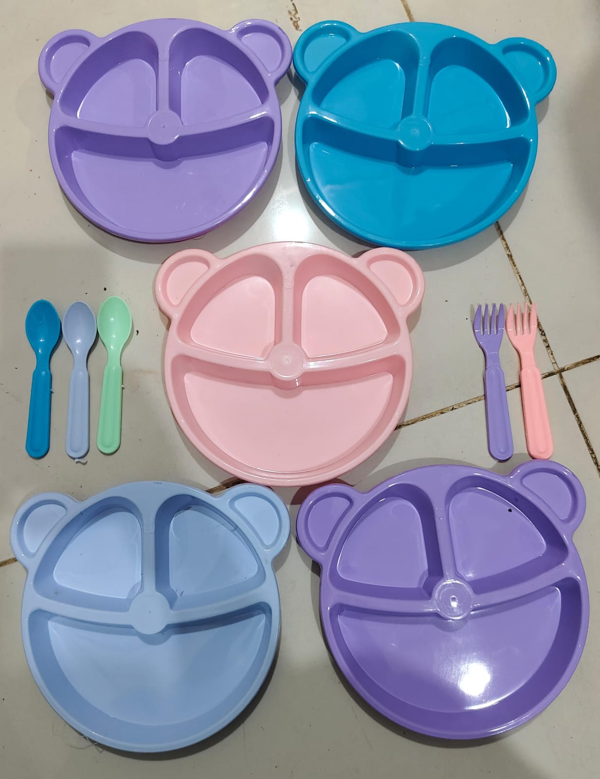 5 Piece Multi Color Panda Plates With 3 Spoons And 2 Forks