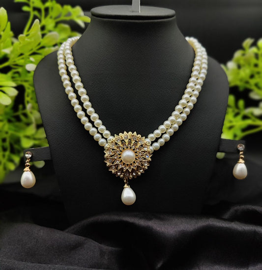Imported Radiant Double-Layered Pearl Necklace with Golden Sunburst Pendant | Girls &amp;