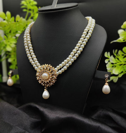 Imported Radiant Double-Layered Pearl Necklace with Golden Sunburst Pendant | Girls &amp;