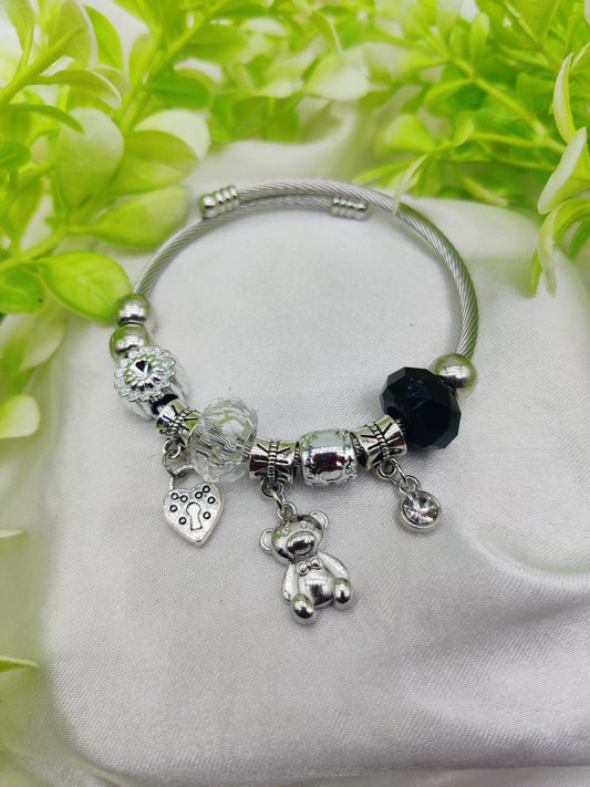 1 Piece Imported Pandora-Inspired Silver Charm Bracelet Heart &amp; Teddy Accents