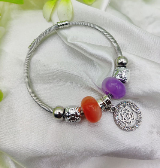 1 Piece Imported Elegant Pandora Bracelet with Rose Charm and Beaded Accents