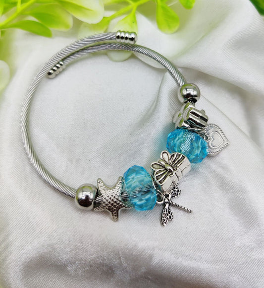 Imported Elegant Pandora-Inspired Silver Charm Bracelet with Ocean Blue Beads &amp; Delicate