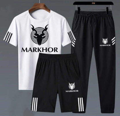 3 Piece Markhor Printed White &amp; Black Summer Tracksuit Markhor Printed Tracksuit