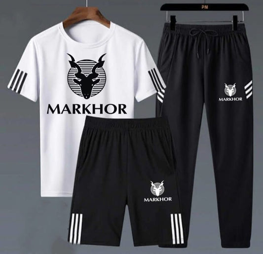 3 Piece Markhor Printed White &amp; Black Summer Tracksuit Markhor Printed Tracksuit