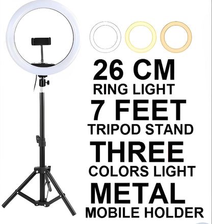 26CM LED Ring Light with Mobile Holder, 7ft Tripod Stand, 3 Light