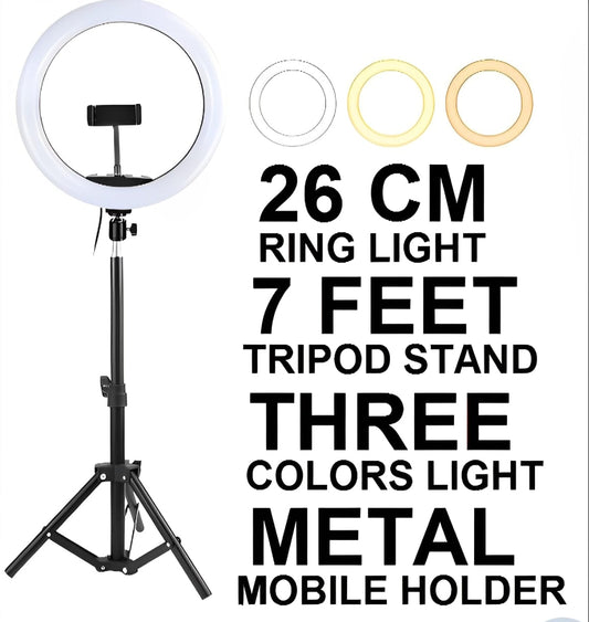 26CM LED Ring Light with Mobile Holder, 7ft Tripod Stand, 3 Light