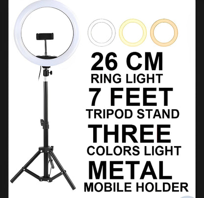 26CM LED Ring Light with Mobile Holder, 7ft Tripod Stand, 3 Light
