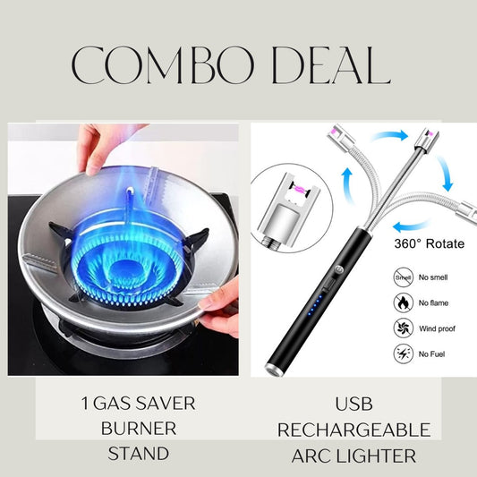 Combo Deal Of Gas Saver Burner Stand + USB Rechargeable Arc Lighter