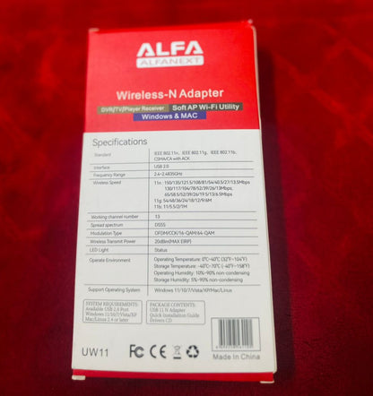 UW11 Alfa Net Wireless-N USB WiFi Adapter with Antenna | 2.4GHz 150/300Mbps